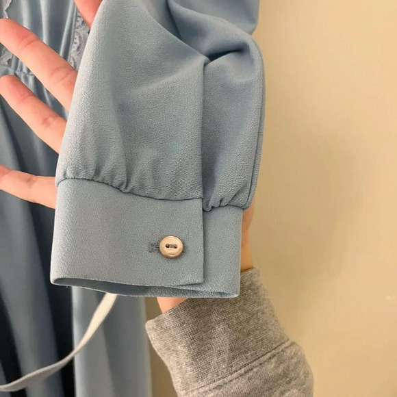 Vtg 70s Jennifer Gee Womens Blue A Line Dress 10 Lace Pleated Long Sleeve Belt - Picture 6 of 9